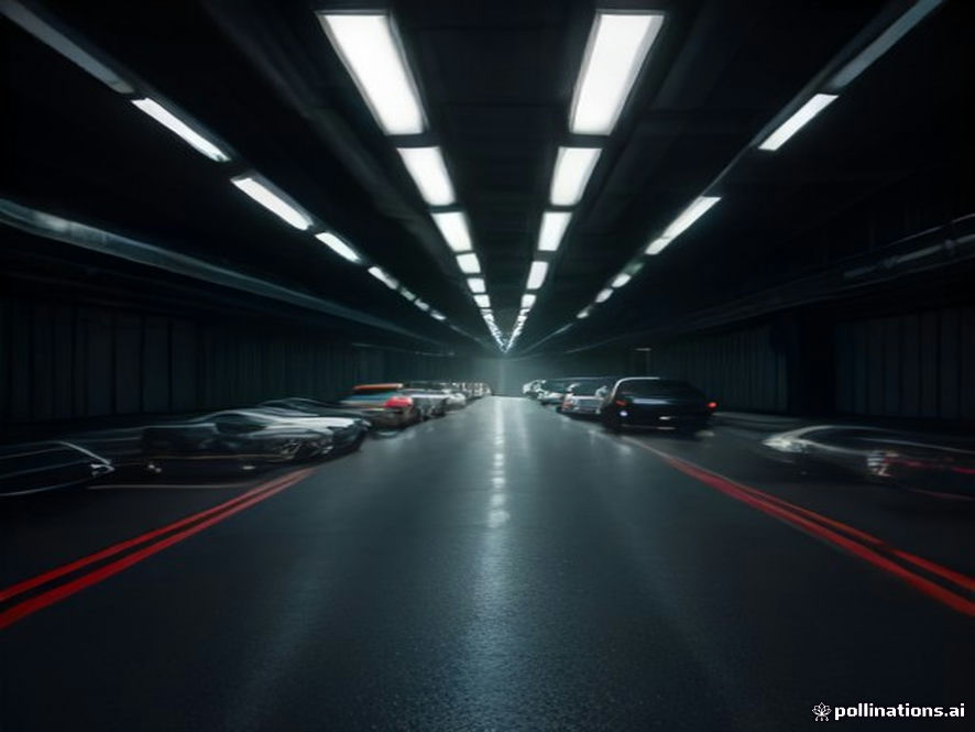 Cinematic, photorealistic 8k image of a claustrophobic underground parking lot in Gangnam filled with endless lines of idling luxury cars trapped in a gridlock, highlighting the frustration of urban congestion and structural infrastructure failure, dramatic lighting emphasizing the dark, gloomy atmosphere of the concrete maze.