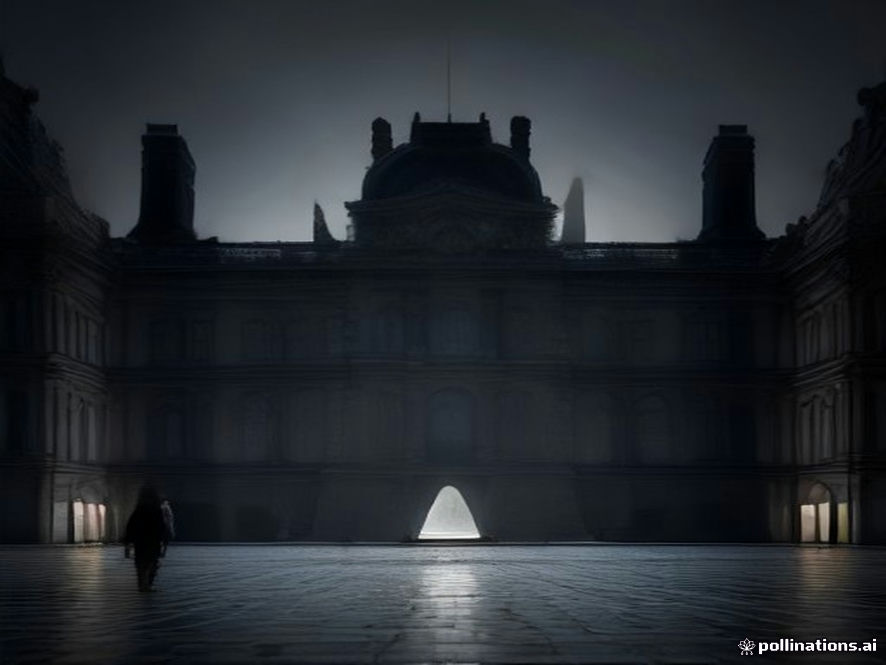 Cinematic, photorealistic 8k image of the iconic Louvre Museum pyramid at night, surrounded by a tense atmosphere of protest with blurred silhouettes of demonstrators in the shadows, glowing streetlights reflecting on the wet pavement under a moody, dramatic sky, capturing the chilling silence of a city under lockdown.