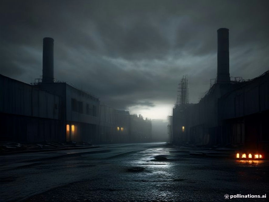 A somber and cinematic wide shot of a desolate industrial factory gate under a gray, overcast sky, with twentythree memorial candles flickering in the foreground representing the lives lost, capturing a mood of solemn grief and the heavy weight of judicial controversy, photorealistic, 8k resolution, highly detailed, dramatic lighting.