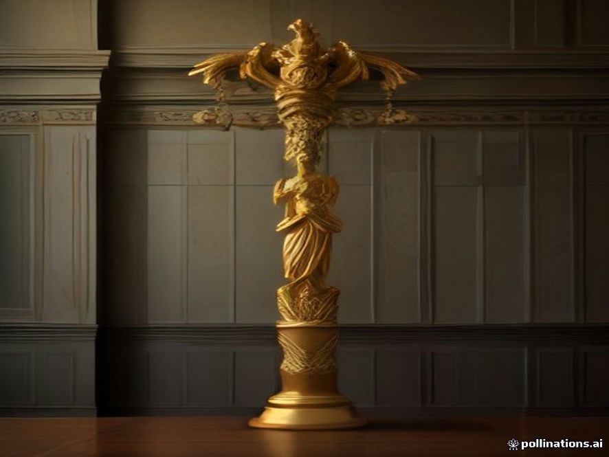 A cinematic, photorealistic 8k image of a giant, weathered golden scale of justice standing isolated in a somber courtroom, reflecting the heavy weight of legal interpretation and the somber atmosphere of a landmark judicial decision.