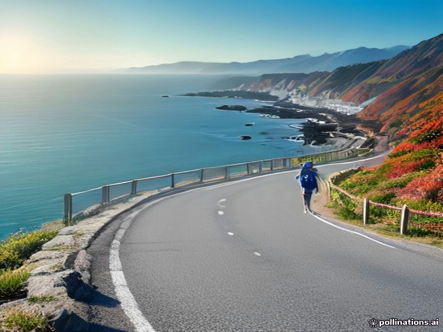 A cinematic and photorealistic 8k photo of energetic runners participating in an autumn marathon along a scenic coastal road in Jeju Island, featuring a clear blue sky, crisp ocean breezes, and a bright, hopeful atmosphere.