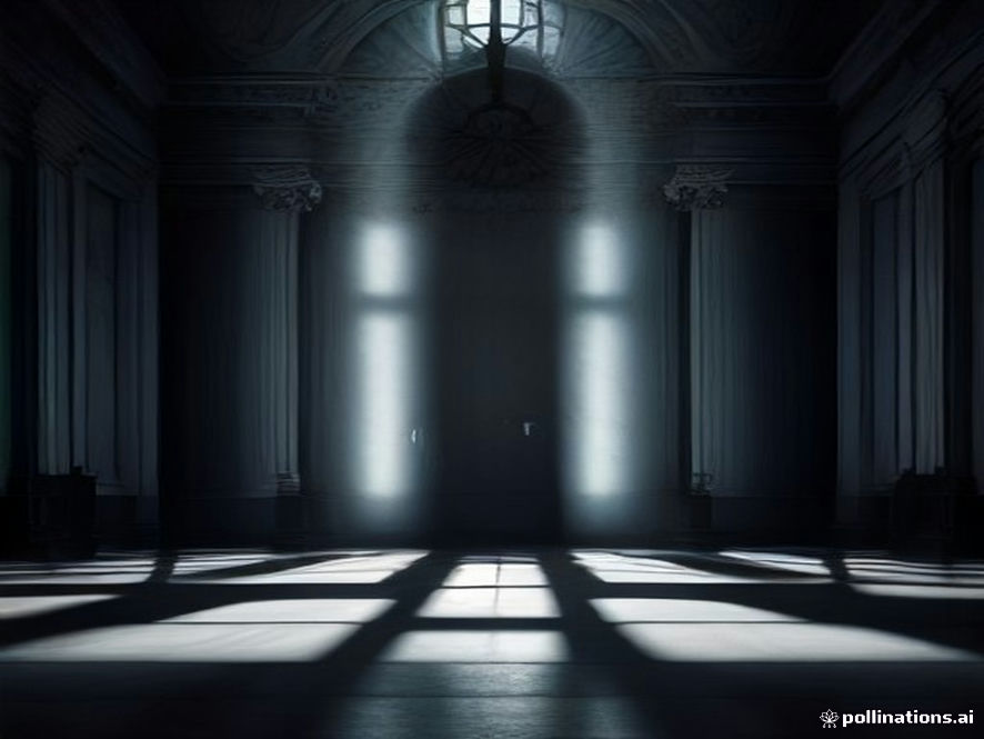 A cinematic and photorealistic 8k image featuring a conceptual representation of justice, with a heavy steel prison gate casting long, dramatic shadows across a polished courtroom floor, symbolizing the weight of life imprisonment without parole and the search for social safety, dark and serious atmosphere.