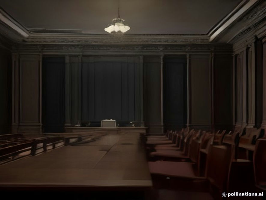 A cinematic, photorealistic 8k image of an imposing, solemn courtroom with a symbolic wooden gavel resting on a desk, capturing an atmosphere of serious legal deliberation and the weight of judicial authority, with soft dramatic lighting emphasizing the concept of justice and the rule of law.