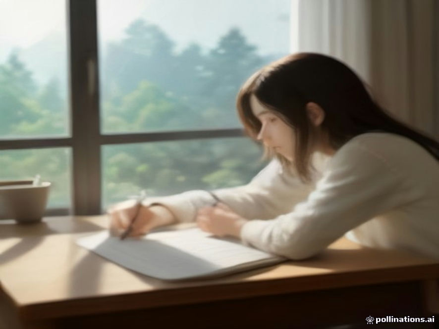 A cinematic, photorealistic 8k photo of a person thoughtfully writing in a paper notebook with an elegant pen on a warm wooden desk, with a modern smartphone placed facedown to the side, bathed in soft sunlight streaming through a window to create a serene and reflective atmosphere of analog creativity.