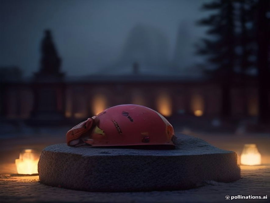 A cinematic and poignant wide shot of a solitary, weathered firefighters helmet resting on a memorial stone in a desolate, quiet plaza, illuminated by the soft, dim light of dusk with a blurred, fading commemorative wreath in the background, symbolizing solemn remembrance and the weight of sacrifice, photorealistic, 8k, highly detailed, somber atmosphere.