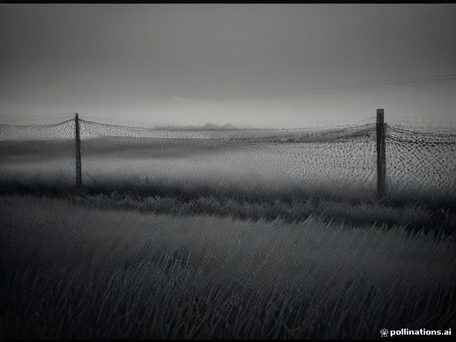 A cinematic and photorealistic 8k image of the misty, tense border landscape of Gimpo with barbed wire fences in the foreground under a somber, grey sky, capturing a mood of quiet vigilance and national security concern.