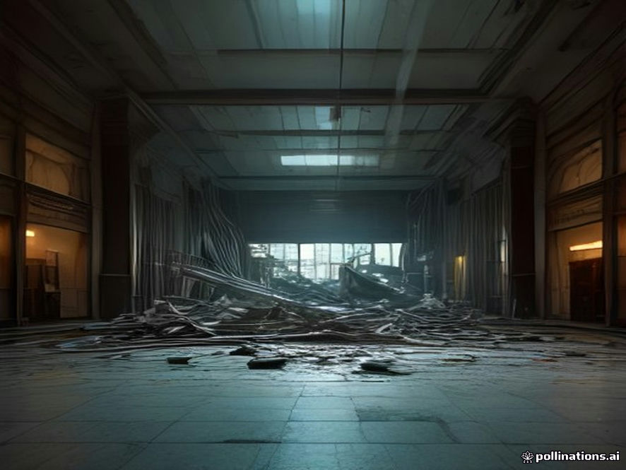 A cinematic and photorealistic 8k shot capturing the chaotic aftermath of a collapsed ceiling in a highend luxury department store food court, with fallen debris and dust scattered amidst abandoned shopping bags, highlighting the stark contrast between opulent retail interiors and structural neglect, dramatic lighting, highly detailed.
