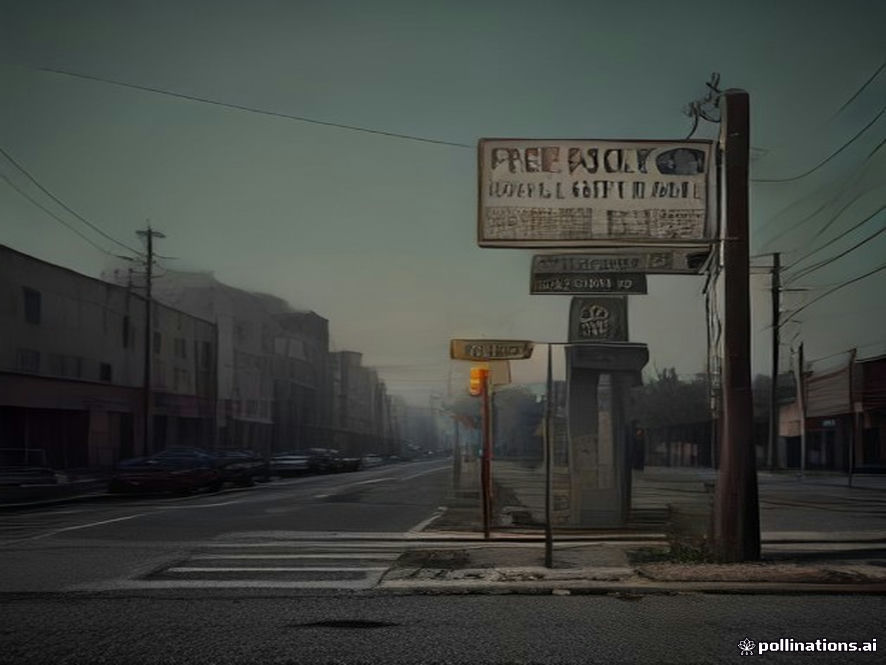 A cinematic, photorealistic 8k image featuring a weathered, outdated government sign standing in an urban landscape, with faded paint and rusted edges symbolizing administrative waste and systemic inefficiency, captured in a somber and moody atmosphere.