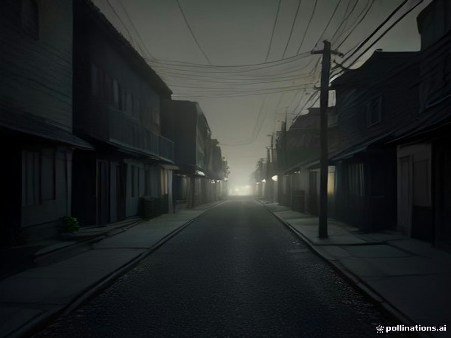 A cinematic, photorealistic 8k image of a quiet and gloomy residential street at dusk, featuring a single flickering street lamp casting long shadows, symbolizing the fragility of communal safety and the somber atmosphere of a fractured neighborhood, high contrast, melancholic mood.