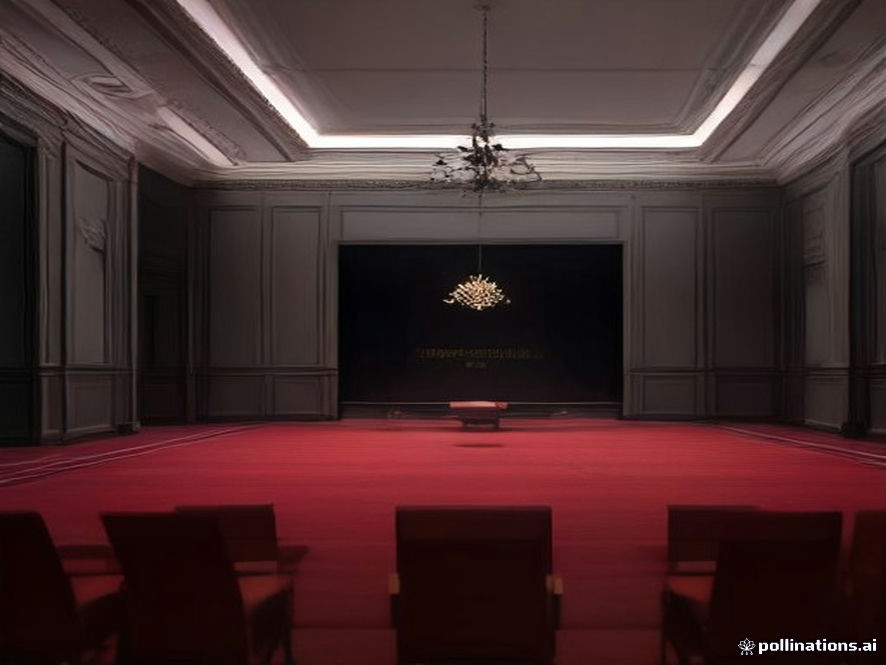 A cinematic and photorealistic 8k image of a highstakes government assembly chamber with a cold, professional atmosphere, featuring a symbolic representation of shifting power dynamics and bureaucratic restructuring, focused on an empty highlevel government seat at a grand mahogany table under dramatic, sharp lighting.