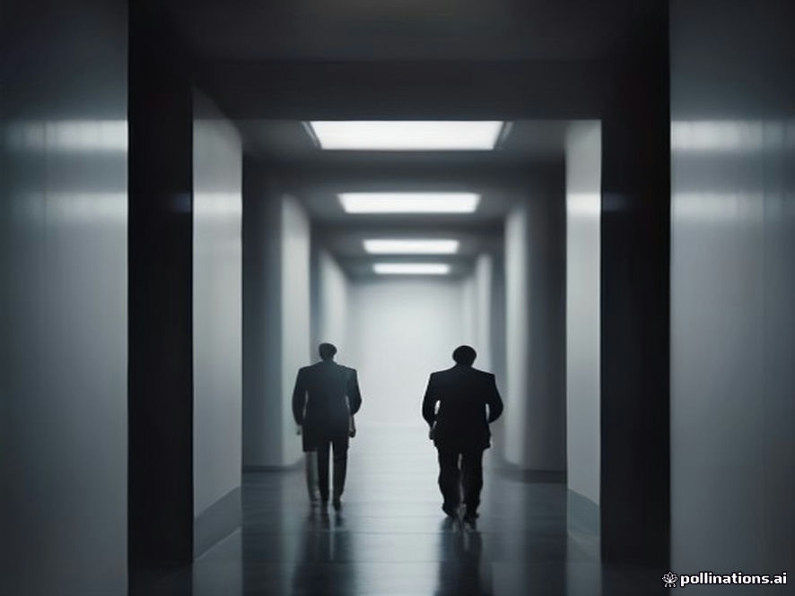 A cinematic, highcontrast photorealistic image capturing a dimly lit, tense atmosphere of modern Korean political corridors, featuring shadowy silhouettes of figures in business suits standing amidst cold marble pillars, symbolizing hidden power dynamics and the mystery behind the political curtain, 8k resolution, dramatic lighting.