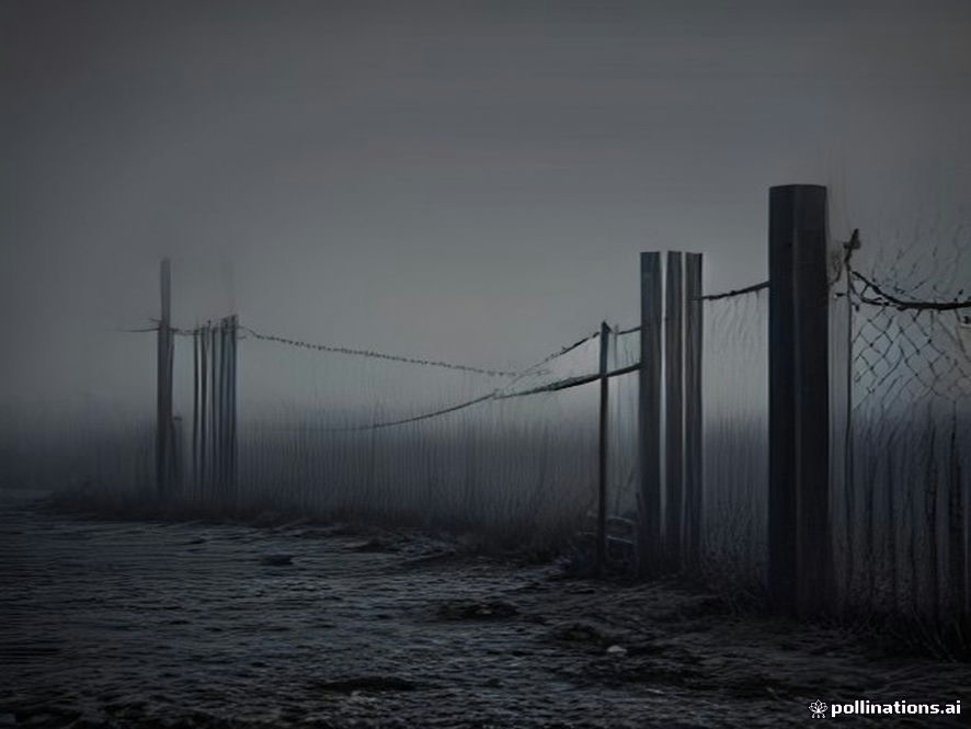 A cinematic, photorealistic 8k image of a weathered and damaged barbedwire GOP fence at the foggy, desolate border at dawn, capturing a tense and somber atmosphere of a national security breach, dramatic lighting, high detail.