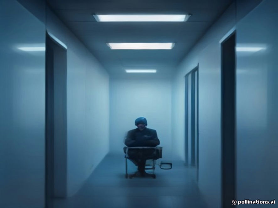 A cinematic and photorealistic 8k image of a solitary, weary young researcher sitting alone in a dim, sterile office corridor with cold industrial blue lighting, metaphorically shadowed by looming corporate glass structures and towering digital performance graphs, capturing a poignant atmosphere of emotional burnout and profound isolation.