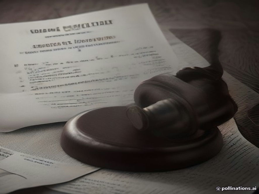 A cinematic, photorealistic 8k image featuring a grand, heavy wooden gavel resting on a weathered legal document representing the SamsungElliot merger, with a blurred silhouette of a government building in the background under a somber, greytoned atmosphere of national fiscal loss.