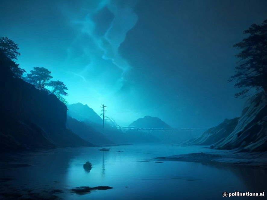 A cinematic, photorealistic 8k image showing a shallow, sunny childrens water play area with a looming, ominous crackle of blue electricity visible near submerged metal components, emphasizing a hidden danger amidst a serene summer scene, dramatic lighting, high detail.