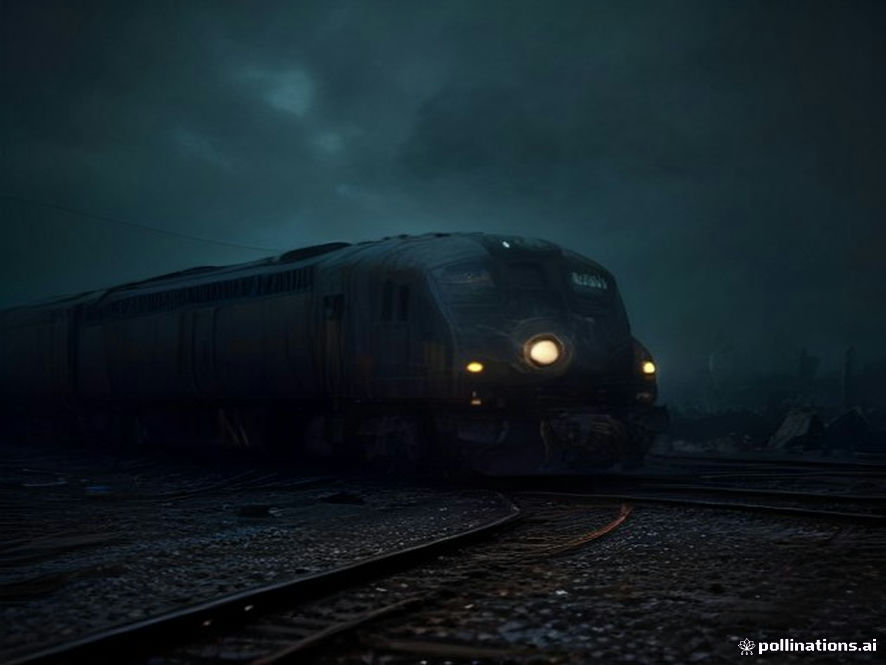 Cinematic, photorealistic 8k image of a highspeed train collision wreckage on a rainslicked railway track at twilight, highlighting the cold irony of hightech signal lights failing amidst twisted metal and debris, dramatic atmosphere, moody lighting, sharp focus on the juxtaposition of advanced engineering and tragic failure.