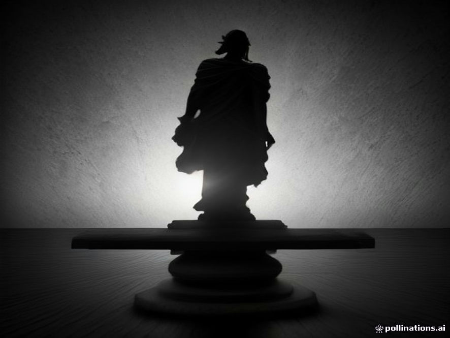 A cinematic and photorealistic 8k image featuring an imposing, weathered stone scale of justice placed on a reflective dark wooden table, overshadowed by chaotic, abstract silhouettes of political figures in the background, symbolizing the fragile balance between judicial independence and the threat of political turmoil.