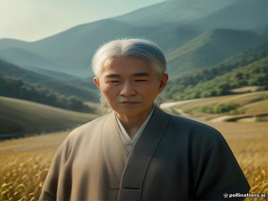 A cinematic, photorealistic 8k portrait of an elderly, benevolent Korean actor with a gentle smile, standing in a serene, nostalgic goldenhued rural landscape that evokes the spirit of traditional Korean life, capturing a sense of profound legacy and timeless warmth, high contrast, atmospheric lighting.