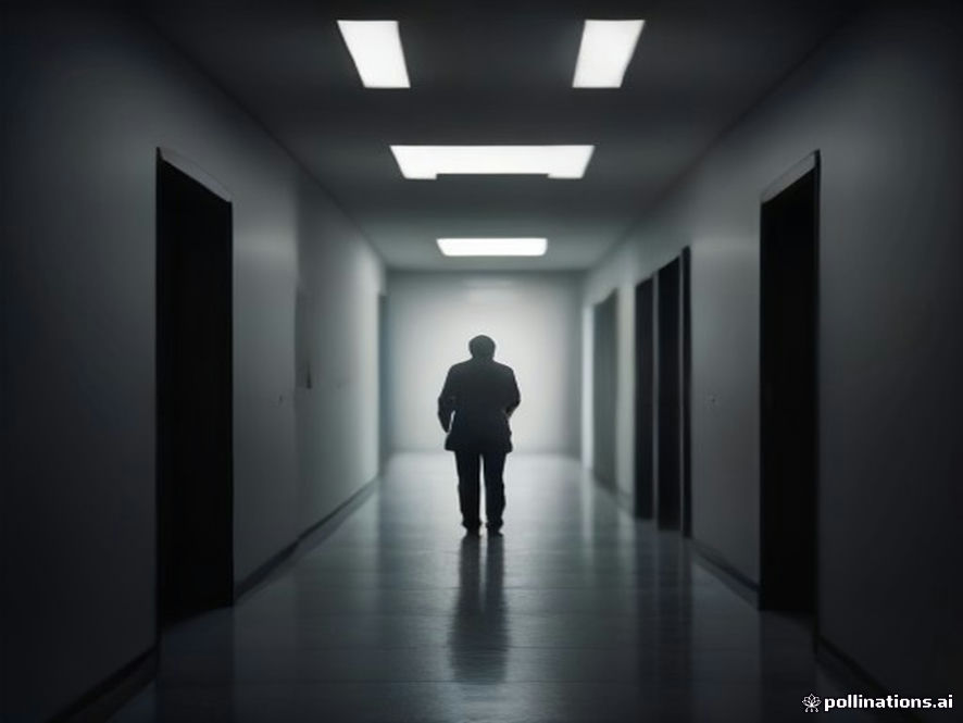 A cinematic and photorealistic 8k image showing a solitary, weary doctor standing in a dimly lit, sterile hospital corridor, symbolizing the tension and leadership crisis within the medical community, with a blurred, shadowed silhouette of an empty podium in the background representing the void of accountability, dramatic lighting, high contrast, professional photography.