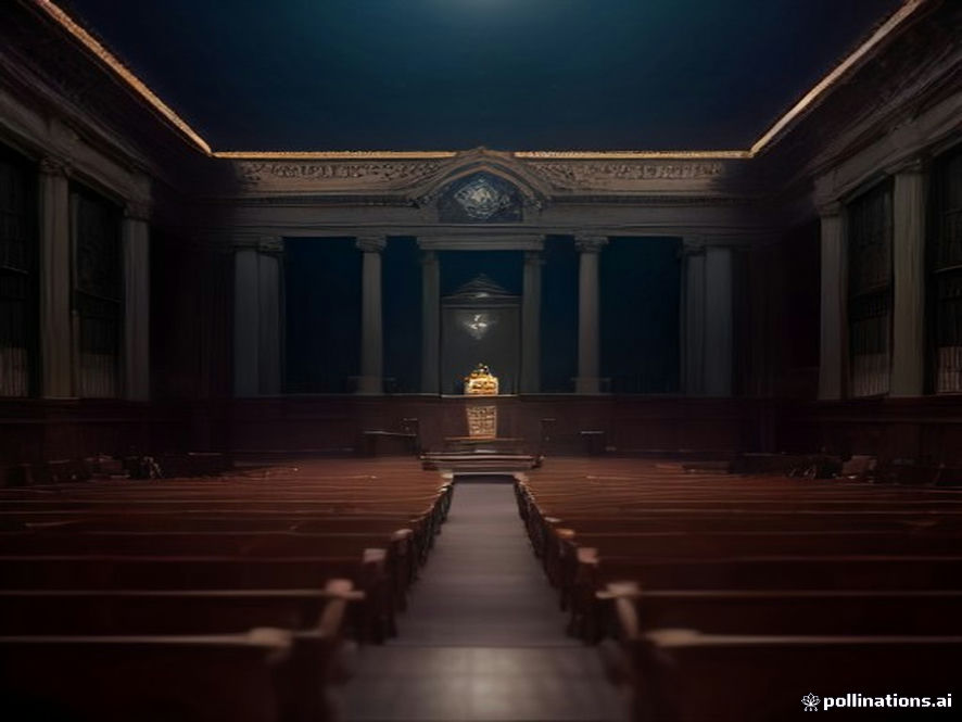 A cinematic, photorealistic 8k image showing a dimly lit, vast and empty National Assembly chamber with a heavy, melancholic atmosphere, featuring blurred silhouette of a politician looking frustrated amidst scattered, neglected documents on a mahogany desk, symbolizing political stagnation and public fatigue, dramatic lighting with cold blue and warm amber tones.
